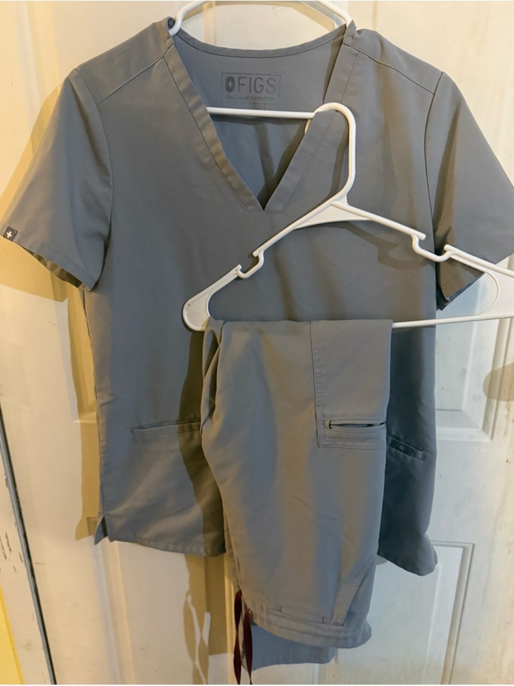 FIGS V-Neck Scrub Top and Pants in Light Gray